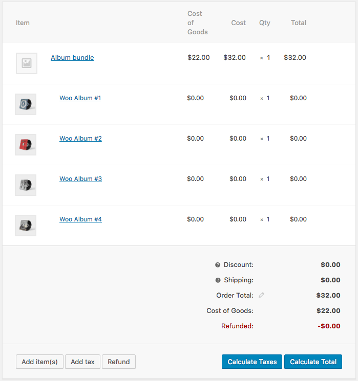 Order details page showing the bundled line items for a static-priced bundle with the Cost of Goods only showing in the subtotals on the bottom of the page.