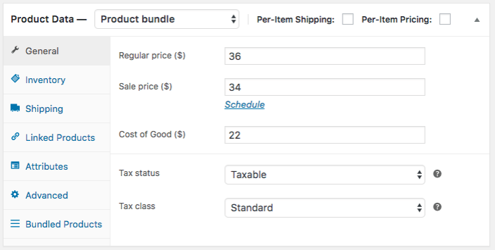 Product bundle product showing the General tab, where there is a single Cost of Goods field for the entire, static-priced bundle.