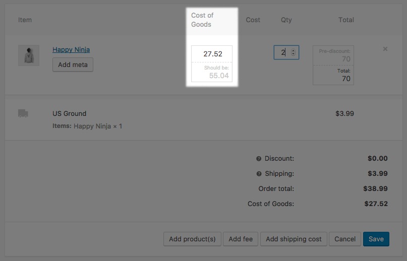 WooCommerce Cost Of Goods: Suggested Order item cost