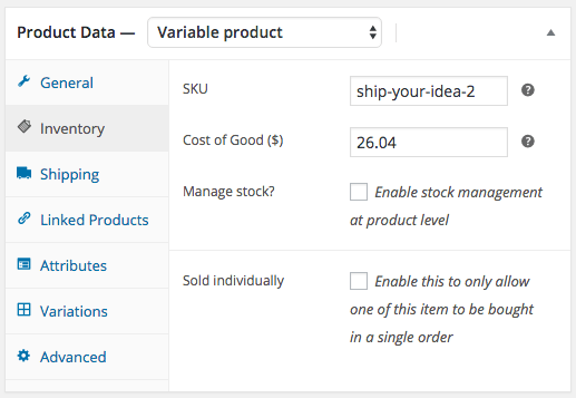 Configuration for Cost of Goods on a Variable product (for all variations to have one Cost) under the Inventory tab.