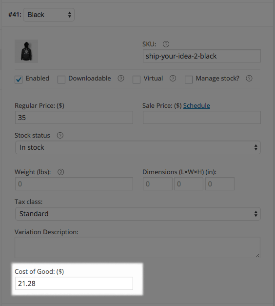 WooCommerce Cost of Goods - variation