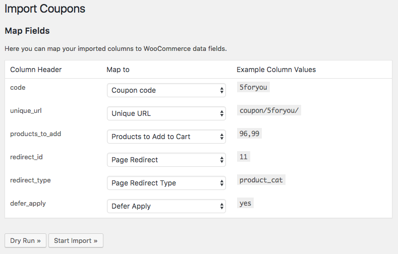 WooCommerce URL Coupons: Map CSV Import Columns