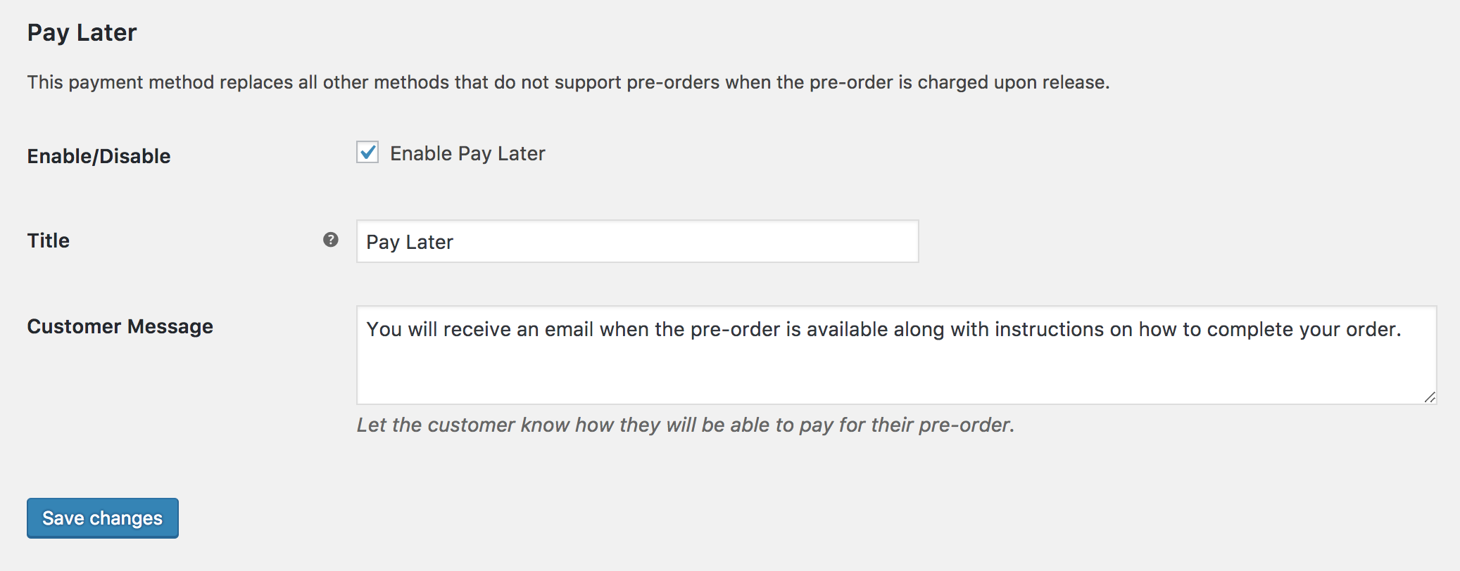 WooCommerce Pay Later payment gateway settings