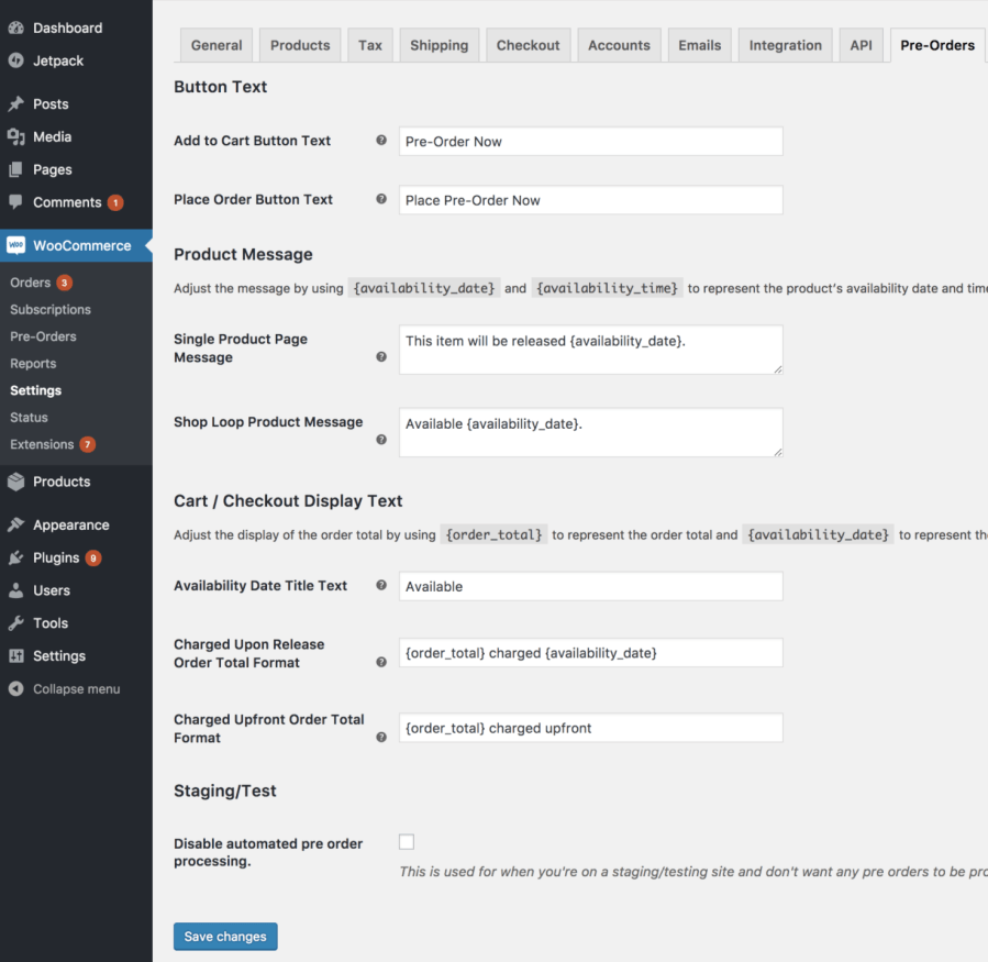 WooCommerce Pre-Orders Settings