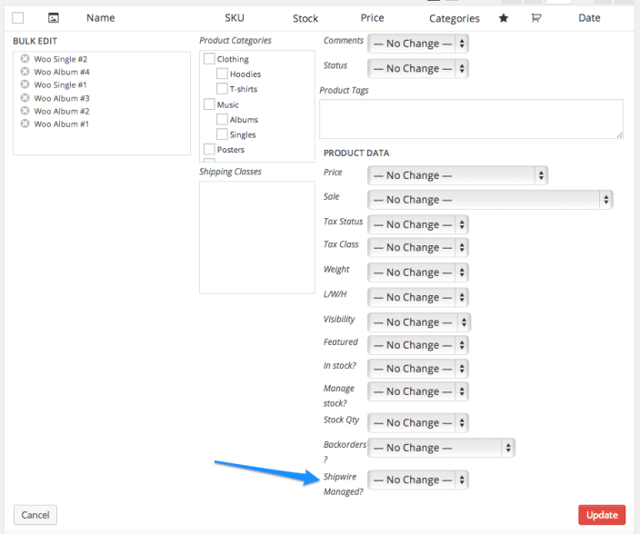 WooCommerce Shipwire integration Bulk Edit Products