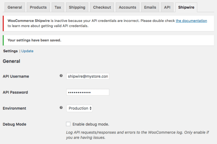 WooCommerce Shipwire: API Credentials incorrect