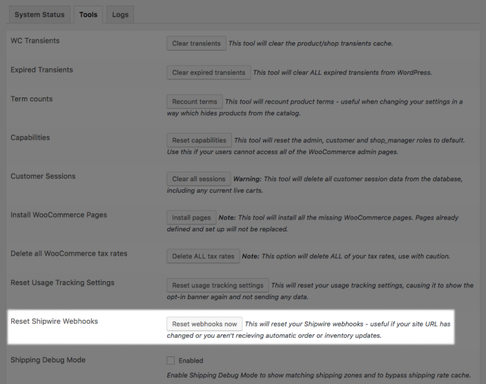 WooCommerce Shipwire: Reset webhooks