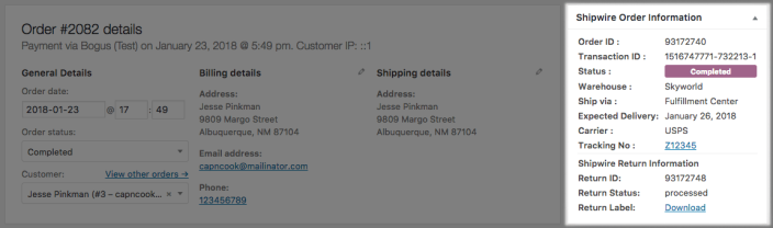 WooCommerce Shipwire: Return info for order