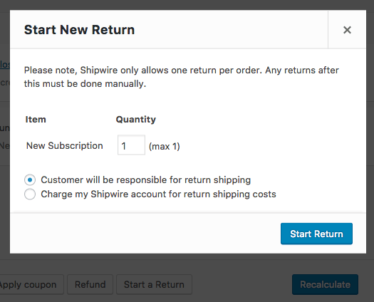 WooCommerce Shipwire: process return