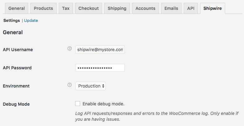 WooCommerce Shipwire: general settings