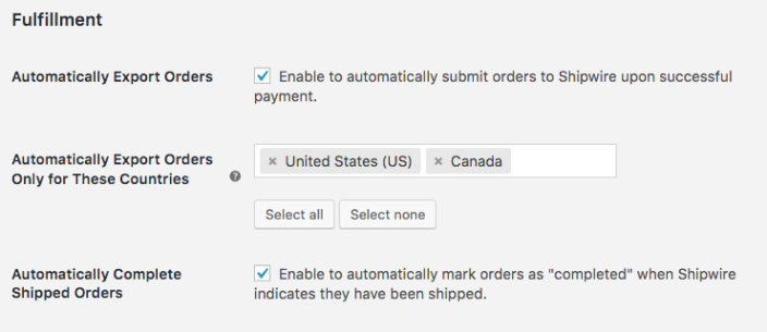 WooCommerce Shipwire: Fulfillment settings