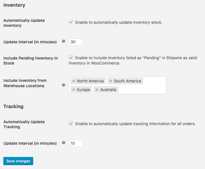 WooCommerce Shipwire: inventory and tracking settings