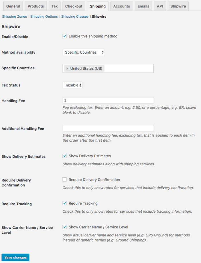 WooCommerce Shipwire shipping settings