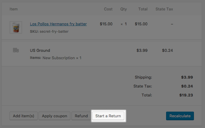 WooCommerce Shipwire: Start a return