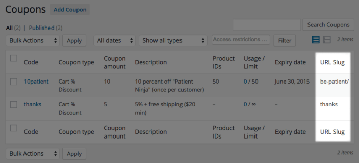 WooCommerce URL Coupons Slug List