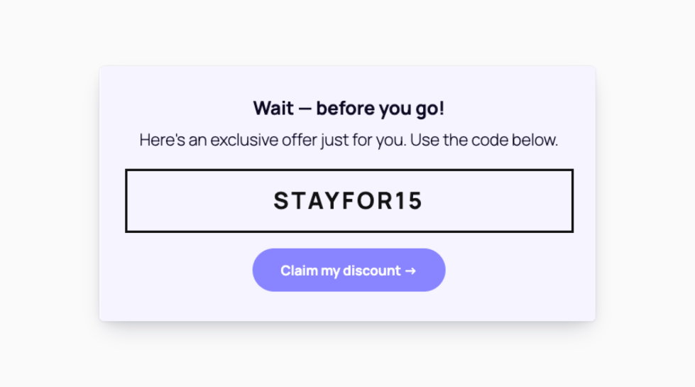 Splash Popup running on a WooCommerce storefront, showing a "Wait — before you go!" exit-intent popup with a STAYFOR15 coupon code and a Claim my discount CTA button on a lavender card.