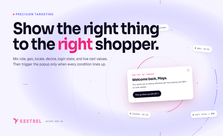 Splash Popup banner titled "Show the right thing to the right shopper," illustrating precision targeting with a "Welcome back, Maya" popup card surrounded by pink dotted radial rings on a soft lavender background.