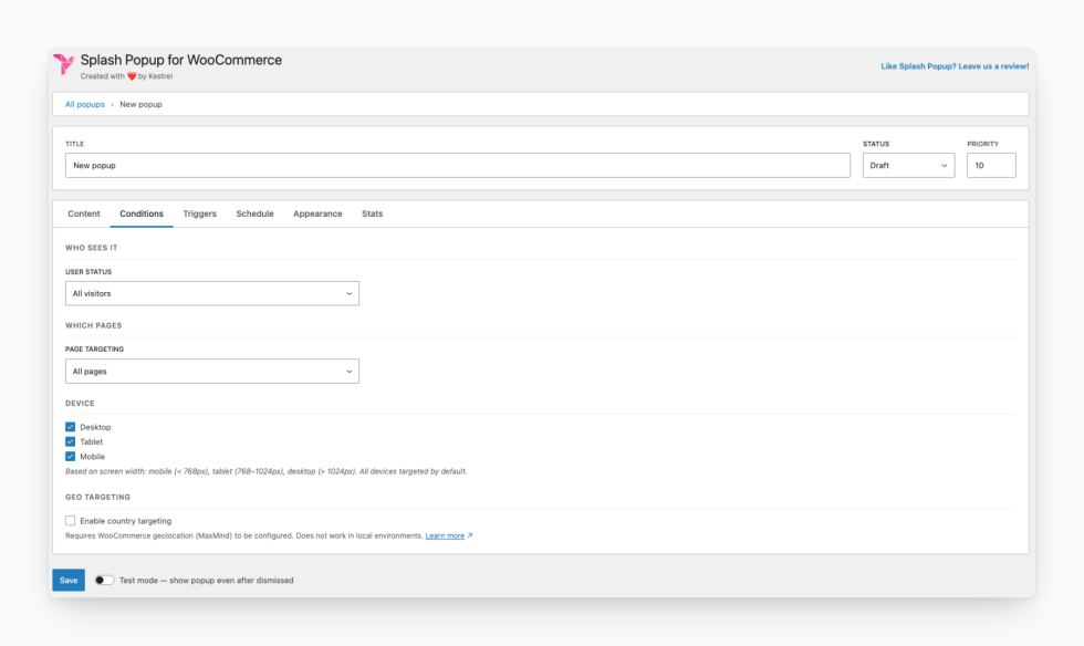 Splash Popup's Conditions tab in the WooCommerce admin showing User Status, Page Targeting, Device, and Geo Targeting controls, with Content / Conditions / Triggers / Schedule / Appearance / Stats tabs across the top.