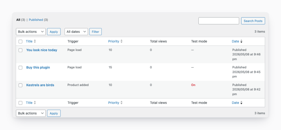 Splash Popup's Popups list page in WooCommerce admin showing three published popups — "You look nice today" (Page load, priority 10), "Buy this plugin" (Page load, priority 15), and "Kestrels are birds" (Product added, priority 10, Test mode On) — with columns for Title, Trigger, Priority, Total views, Test mode, and Date.