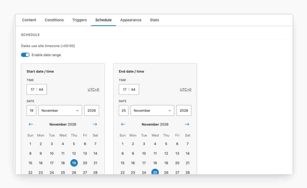 Splash Popup's Schedule tab with "Enable date range" toggled on, a Start date / time control showing November 19, 2026 selected on a month grid, and an End date / time control showing