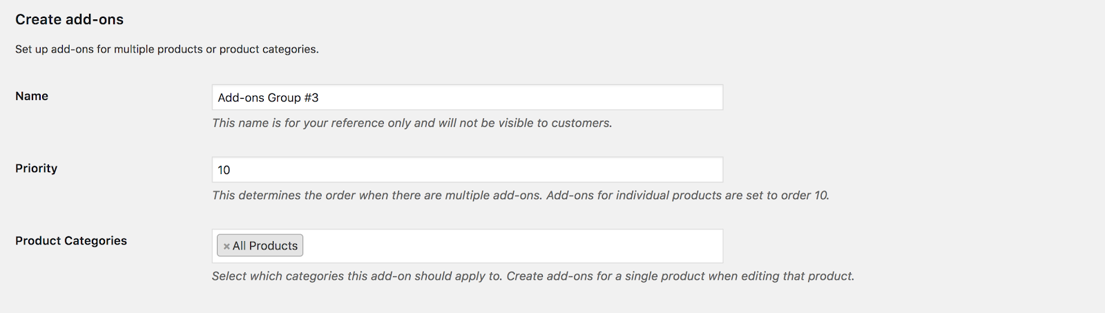 Create add-ons setting comprises Name, Priority, and Product Categories fields.