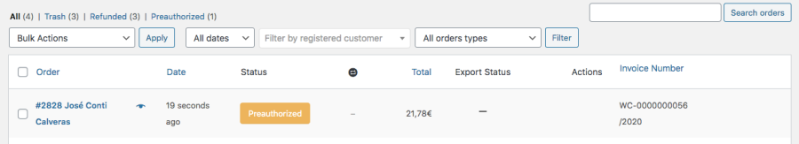 Estado del pedido preautorizado WooCommerce