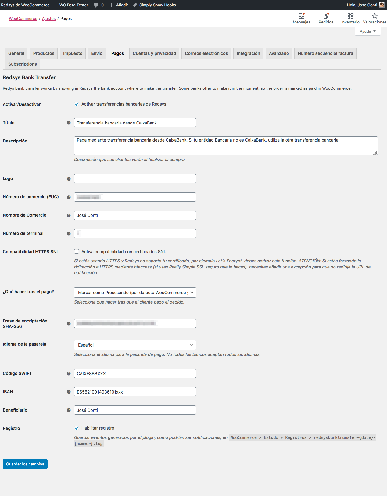 Configuración de transferencias bancarias