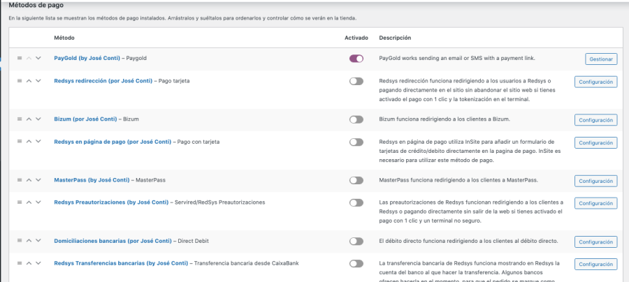 Redsys WooCommerce métodos de pago