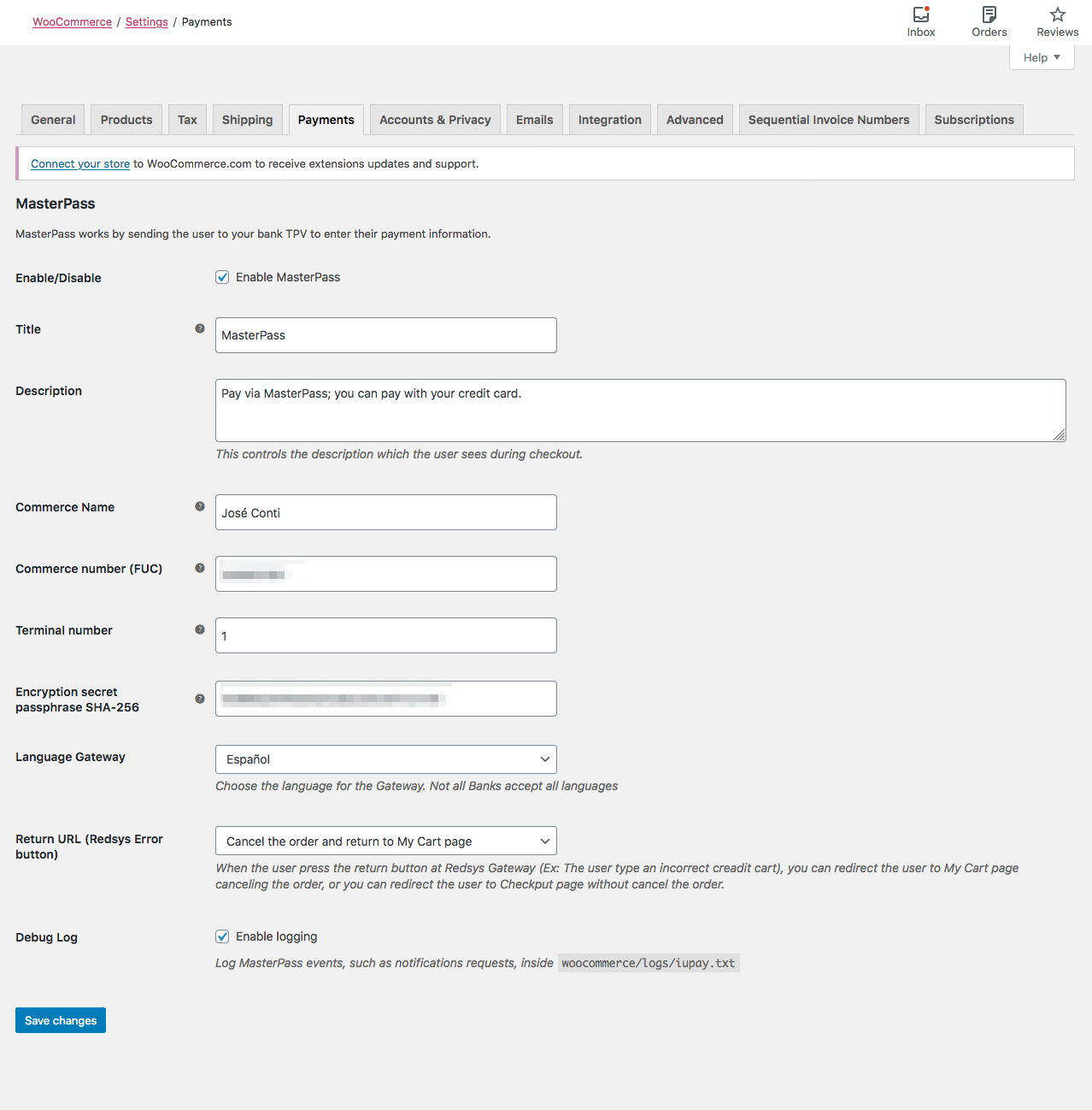 Configuración Redsys MasterPass