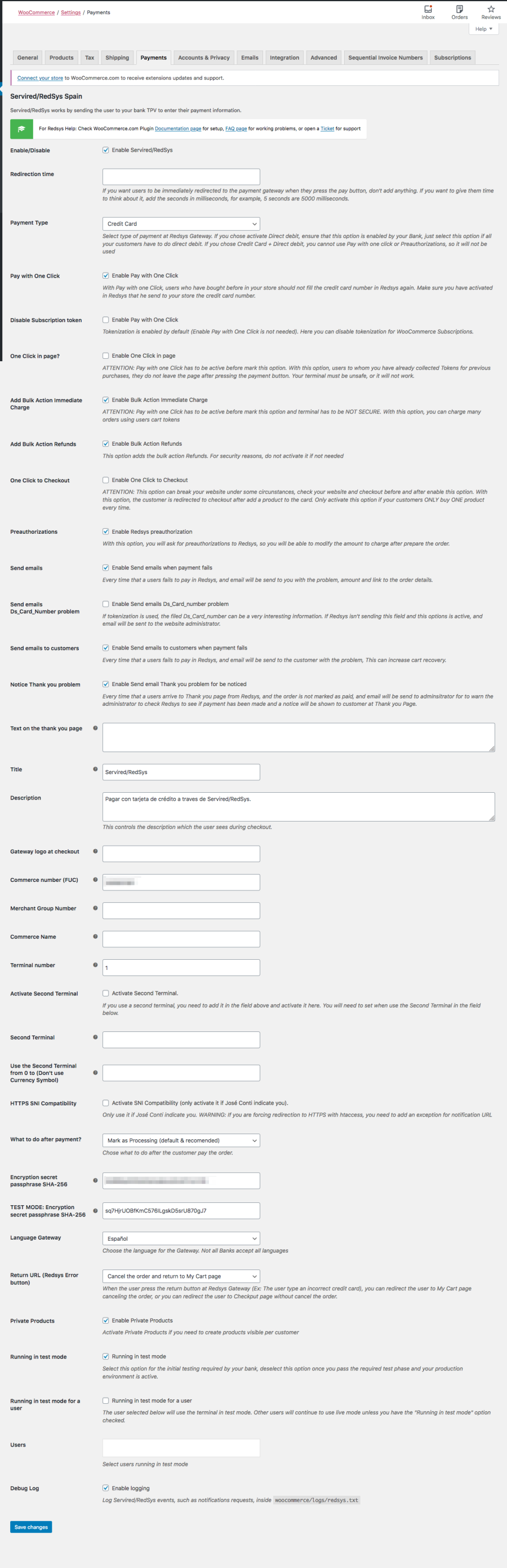 Página configuración Redsys WooCommerce