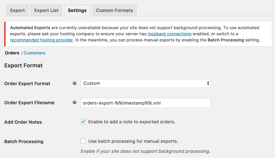 WooCommerce Customer / Order XML Export: batch processing required notice