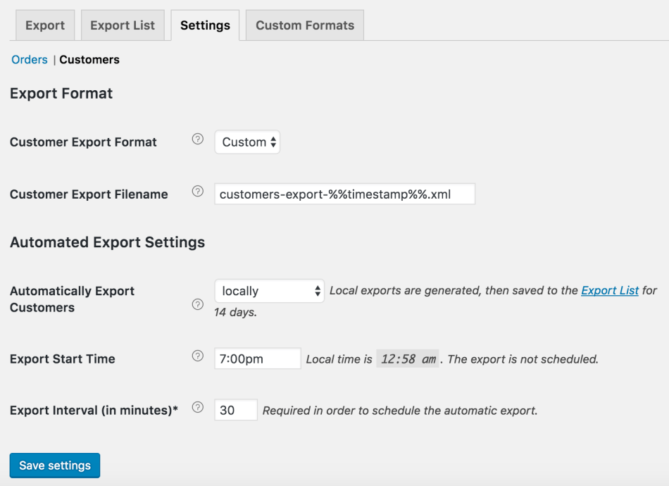 WooCommerce Customer / Order XML Export: customer local auto-export settings