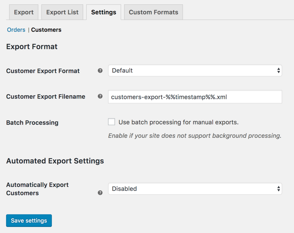 WooCommerce Customer / Order XML Export: Customer export settings