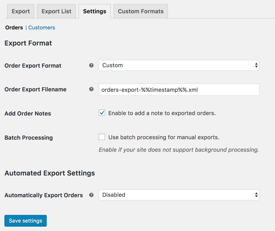 WooCommerce Customer / Order XML Export: Order export settings