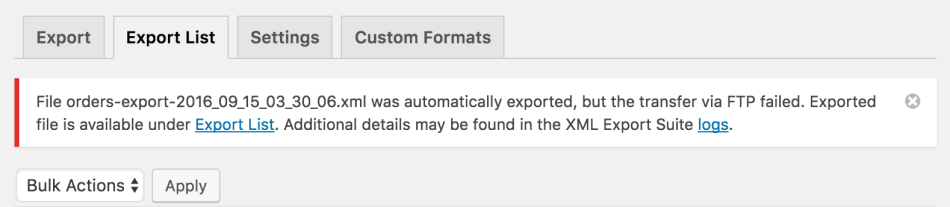 WooCommerce Customer / Order XML Export transfer failure