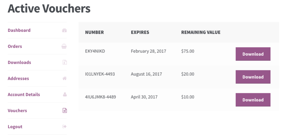 WooCommerce PDF Product Vouchers: My Vouchers