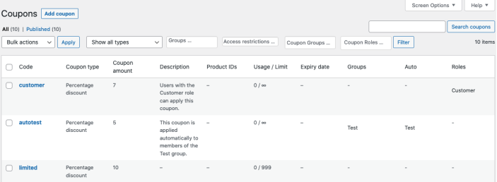 Showing the WooCommerce Coupons administrative section with additional columns and filters added by the extension