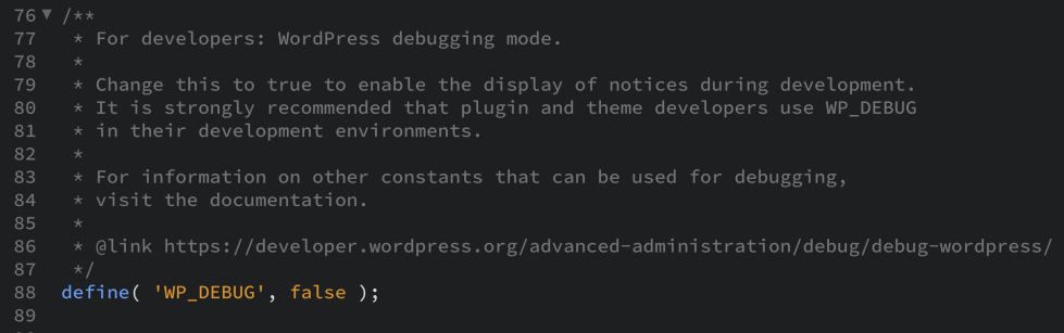 Code from the wp-config.php file with the debug feature set as 'false.'