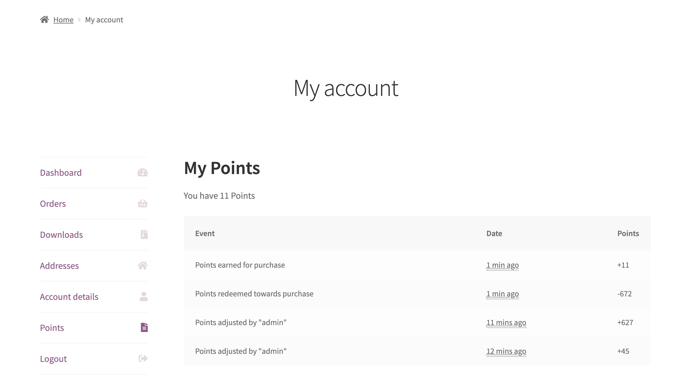 Mostra la cronologia dei punti ai clienti nella pagina Il mio account