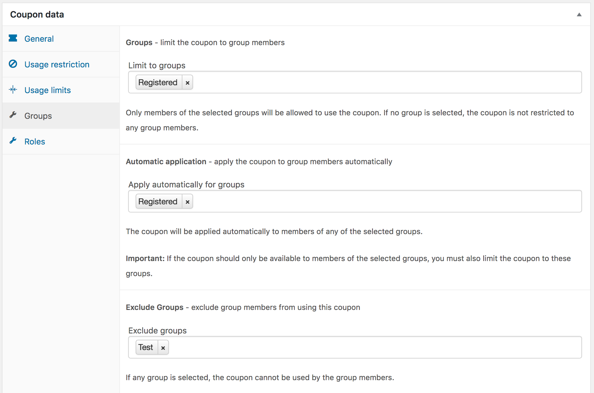 Cupom de grupo registrado excluindo grupo de teste