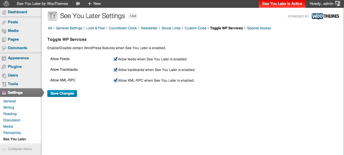 See You Later Settings -> Toggle WP Services