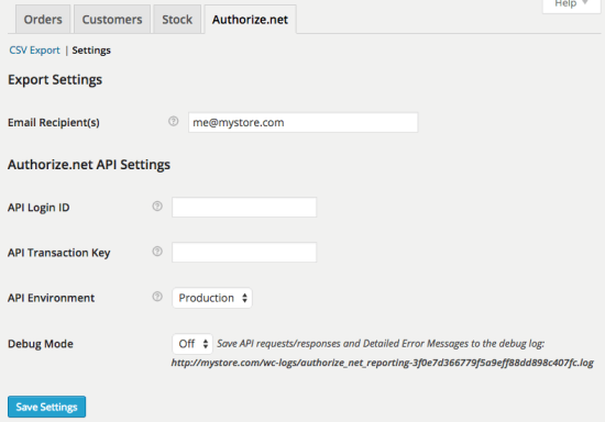 WooCommerce Authorize.Net Reporting Settings