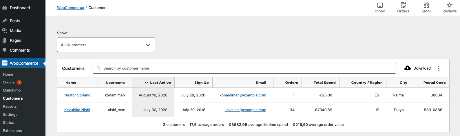 A view of the Customers Section showing what customer reports look like. 