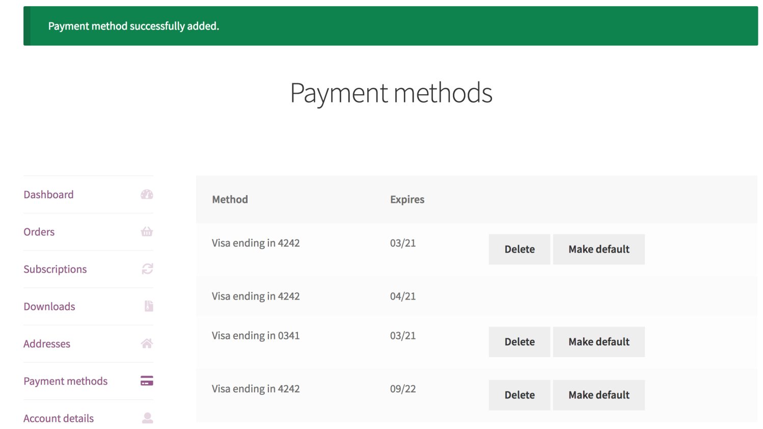 Manage Payment Methods — Subscriptions Documentation - WooCommerce
