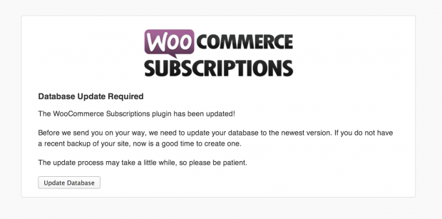 WooCommerce Subscriptions Database Upgrade Screen