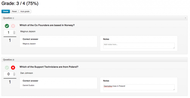 A revamped grading interface, with answer notes from the lecturer.