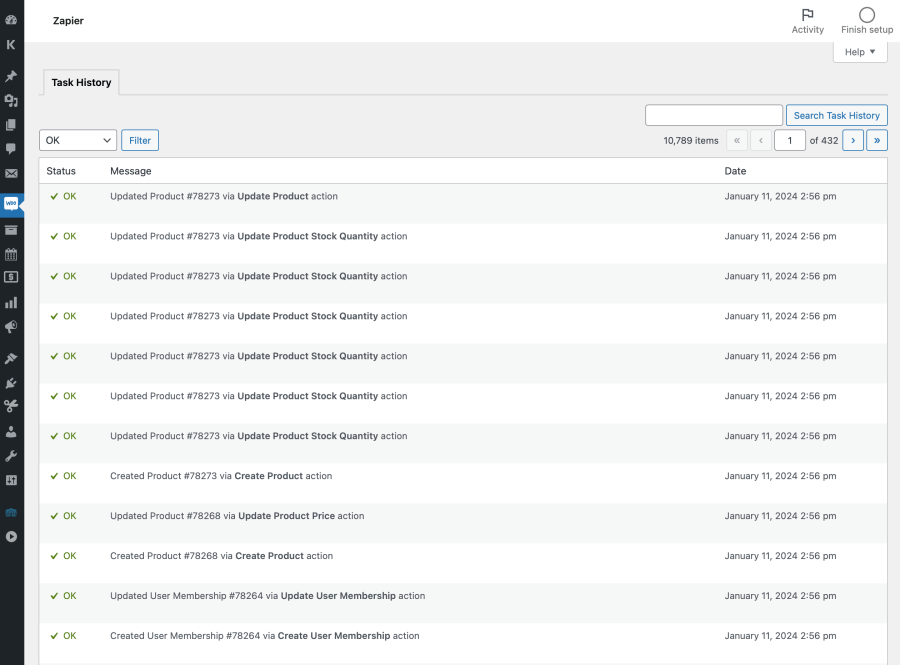 Écran de l’historique des tâches Zapier dans WooCommerce