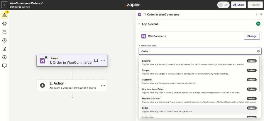 Déclencheurs Zapier WooCommerce disponibles