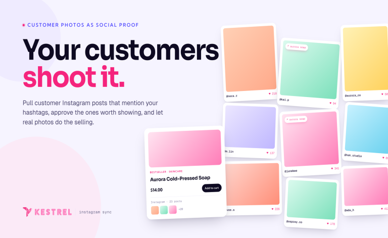 Polaroid-style grid of customer Instagram posts surrounding an Aurora Cold-Pressed Soap product card, showing real shopper photos pulled in as social proof on a WooCommerce store