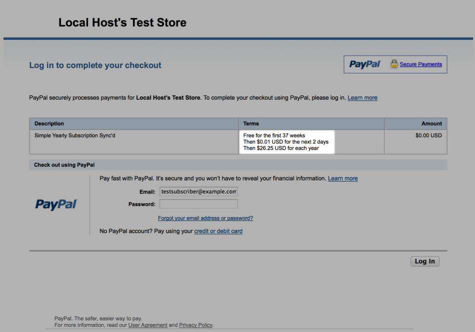 Screenshot of two trial periods with PayPal Standard
